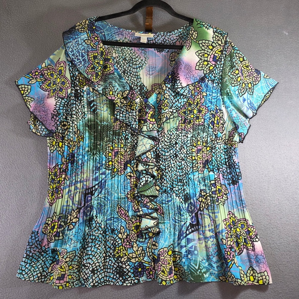 Dressbarn Woman Blue Floral Stained Glass Print Plissé Ruffle Blouse 1X - Picture 1 of 7